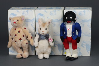 A Steiff limited edition Musical Bear Jerusalem no.913 of 2000 30cm, 1 other Valentine Rabbit no.538 of 1500 23cm and Golly no.405 of 1009 30cm, all boxed and with certificates 