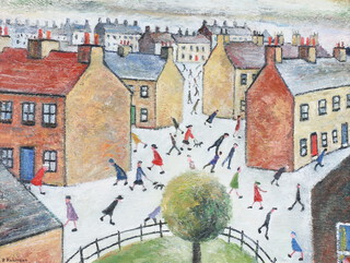 **Paul Robinson, born 1959, (Cornish), oil on board, a Lowry style townscape with figures, label on verso "Off to the shops, off to work, busy and hurrying, rushing and scurrying, but there in the middle as you see, standing still and serene is the lollypop tree" 45cm x 60cm **Please note: Artists Re-sale Rights may be payable on this lot 