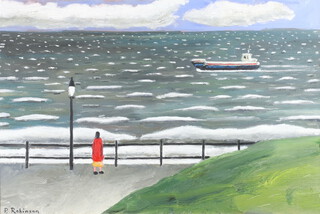 **Paul Robinson, born 1959 (Cornish), oil on canvas signed, figure on a promenade, label inscribed "Nelly watched the ship go by upon the choppy sea, she was ever so glad she lived on dry land, else she'd always be  spilling her tea" 50cm x 75cm **Please note: Artists Re-sale Rights may be payable on this lot 