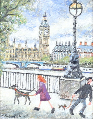 **Paul Robinson, born 1959, oil on panel signed, London townscape "Along The Embankment, Pierre Stops to Admire a Vision of Dorris, Her Hair Blazing Like Fire" 24cm x 19cm **Please note: Artists Re-sale Rights may be payable on this lot 