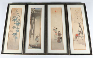 Early 20th Century Japanese watercolours, figures at pursuits 28cm x 7.5cm (4)
