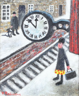 **Paul Robinson (born 1959), oil on canvas signed, railway station platform, label on verso "With Her Important Bag For Her Important Date, Dorris was Destined for a 10 Minute Wait" 29cm x 24cm **Please note: Artists Re-sale Rights may be payable on this lot 