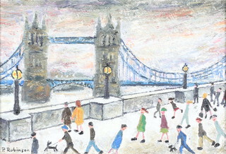 **Paul Robinson (born 1959), oil on board signed, Tower Bridge view, label on verso "A Tower Bridge Evening The Street Lamps Glow, The Pace of Day Moves From Frantic to Slow" 20cm x 30cm **Please note: Artists Re-sale Rights may be payable on this lot 