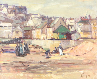 Cornish School, oil on board, study of figures on a beach with village in the background, signed 31.5cm x 39cm 