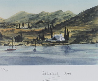 King Charles III of the United Kingdom, (born 1948), coloured lithograph signed Charles and dated 1999, Greek island landscape "Fishing Boats (1999)"  no.17 of 100, 20cm x 25cm **Please note: Artists Re-sale Rights may be payable on this lot 