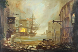 Delon Donald Hughes born 1933, oil on canvas signed Delon, atmospheric moonlit harbour side scene 49cm h x 75cm 