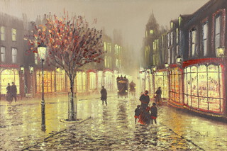 John Bampfield, born 1947, oil on canvas, atmospheric moonlit wet townscape with figures and coaches 50cm x 75cm 