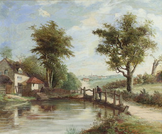 20th Century oil on canvas unsigned, a fisherman beside a pond with distant townscape 44cm x 53cm 