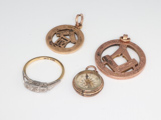 Two 9ct yellow gold Masonic fobs, an illusion set diamond ring size P and a miniature compass pendant, gross weight 15.8 grams 