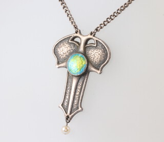 An Edwardian Art Nouveau enamelled pendant by Charles Horner, Chester 1909 40mm high, on a 40cm silver chain