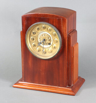 A 1920's French mantel clock with gilt dial, Arabic numerals, contained in a stepped mahogany case 33cm h x 28cm w x 17cm d, complete with key and pendulum 