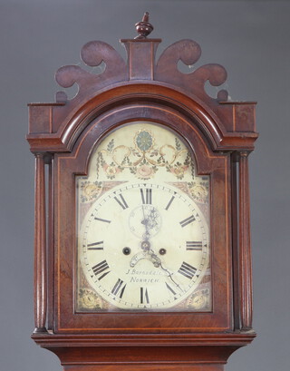 J Barnsdale of Norwich, a 19th Century 8 day striking long case clock, the 30cm arched painted dial with Roman numerals, minute indicator, calendar aperture and floral spandrels marked J Barnsdale Norwich, complete with 2 weights, pendulum and key, contained in an inlaid mahogany case, raised on bracket feet 225cm h x 49cm w x 23cm d 