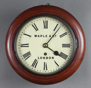 Maple & Co, a 19th Century gut driven single fusee wall clock, the 18cm dial marked Maple & Co London with Roman numerals, having a 10cm back plate, contained in a mahogany case complete with pendulum and key, 30cm h  