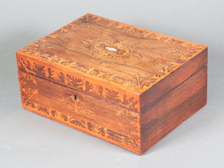 A rectangular inlaid rosewood trinket box with hinged lid and mother of pearl panel to the centre, having a plush fitted interior 12cm h x 28cm w x 20cm d 