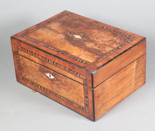 A Victorian inlaid walnut trinket box with hinged lid and fitted interior 14cm h x 30cm w x 22cm d 