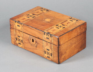 A Victorian rectangular inlaid mahogany trinket box with banded decoration, interior fitted a tray 10cm h x 22cm w x 15cm d 