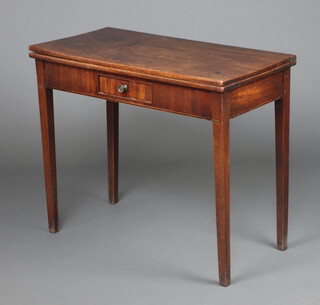 A Georgian mahogany tea table fitted a drawer, raised on square supports 76cm h x 90cm w x 44cm d 