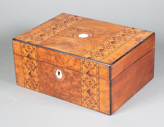 A Victorian rectangular inlaid figured walnut trinket box with hinged lid, interior fitted a tray 13cm h x 30cm w x 22cm d 