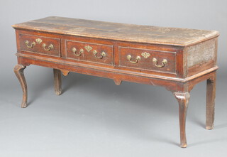 An 18th Century oak dresser fitted 3 drawers with brass swan neck drop handles raised on cabriole supports 75cm h x 170cm w x 49cm d 