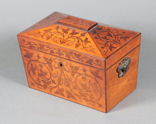 A 19th Century inlaid mahogany and floral parquetry sarcophagus shaped twin compartment tea caddy with hinged lid, 16cm h x 21cm w x 12cm d 