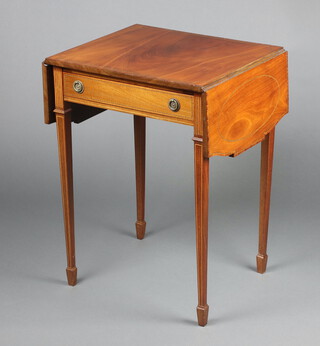 An Edwardian Georgian style inlaid and cross banded mahogany drop flap occasional/sofa table fitted a frieze drawer, raised on square tapered supports, spade feet 72cm h x 52cm w x 45cm d 