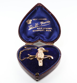 An Edwardian yellow metal 9ct ruby and seed pearl brooch in the form of a bird sitting on a branch 5.3 grams 28mm, in original heart shaped fitted case 