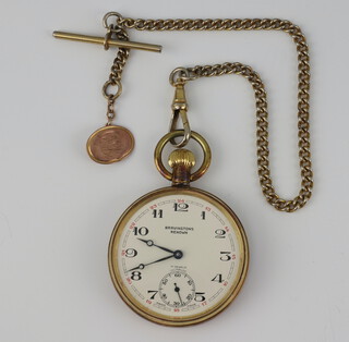 A gentleman's gold plated mechanical pocket watch, the dial inscribed Bravingtons with seconds at 6 o'clock  on a gilt Albert with a gold cufflink terminal 