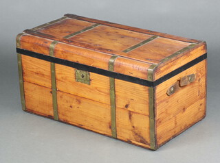 A 19th Century American wooden and metal bound trunk with hinged lid 39cm h x 76cm w x 41cm d 