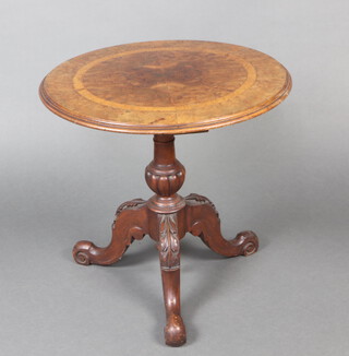 A Victorian circular inlaid quarter veneered walnut wine table on an associated pillar and tripod base 49cm x 50cm 