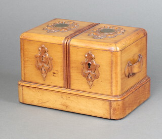 A Victorian carved and bleached mahogany jewellery box in the form of a twin handled trunk with sliding top and drawer to the base 14cm h x 21cm w x 14cm d 