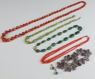 A graduated agate bead necklace 74cm, 3 other necklaces and a pair of 9ct ear clips 