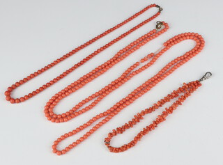 A coral bead necklace 150cm, ditto 54cm and a natural coral bead necklace 32cm 