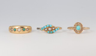 A Victorian yellow metal 18ct seed pearl and turquoise ring, an oval ditto and a yellow metal seed pearl and turquoise ring (a/f), size L, M, N, gross weight 8.3 grams 