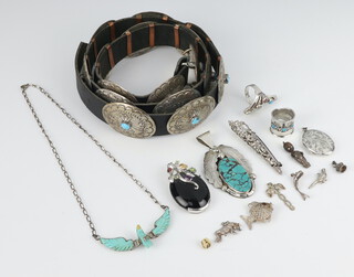 A sterling silver turquoise mounted pendant and minor South American and other jewellery 