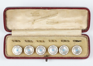 A set of 6 Edwardian gilt, mother of pearl and turquoise dress buttons cased 