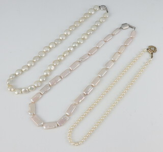 A strand of cultured pearls with a silver gilt clasp 38cm and 2 others 42cm and 40cm 