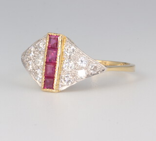 A yellow metal 18ct ruby and diamond cocktail ring, the princess cut rubies 0.35ct, the brilliant cut diamonds 0.6ct, size N 1/2 2.4 grams