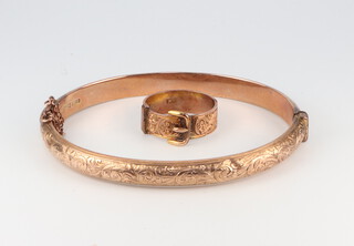 A 9ct yellow gold hollow bangle and a ditto buckle ring size O, 12 grams 