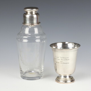 An Asprey's commemorative glass and silver plated mounted cocktail shaker together with a silver plated French beaker with inscription