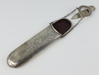 An Edwardian engraved silver spectacle holder decorated with flowers having an engine turned belt clip Birmingham 1908, 16.5 cm 