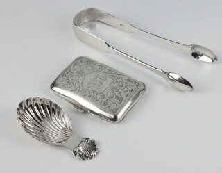 A silver cigarette  case with engraved monogram Birmingham 1925 and a pair of sugar nips and a caddy spoon 113 grams