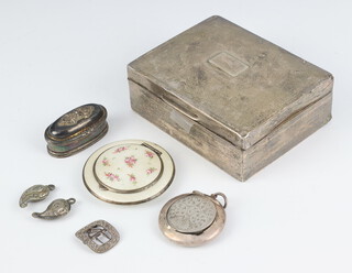 A white metal guilloche enamel circular compact decorated with flowers, a silver cigarette box and minor items