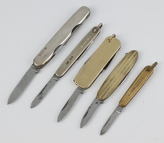 A silver mounted pocket knife Sheffield 1949, 1 other and 3 gilt pocket knives 