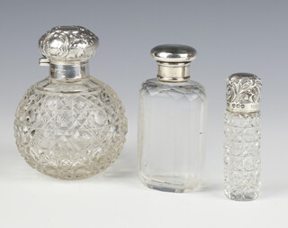 An Edwardian cut glass silver mounted toilet jar 9cm, 2 other mounted bottles