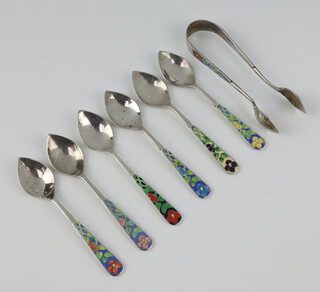 A set of 6 Art Deco silver and enamelled coffee spoons and sugar nips Birmingham 1931, maker Bernard Instone, 82 grams 