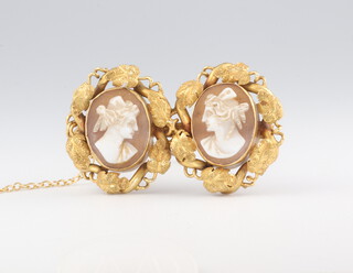 A Victorian yellow metal double cameo portrait brooch 38mm, 5.5 grams 