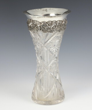 A cut glass waisted vase with Edwardian silver mounted repousse collar London 1901 27cm 