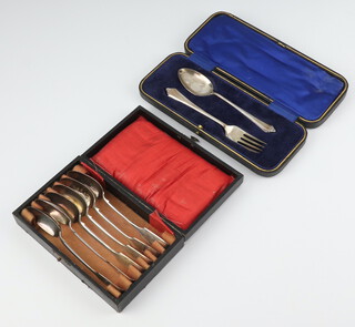 A silver cased spoon and fork Sheffield 1930, 6 Old English teaspoons London 1874, 136 grams