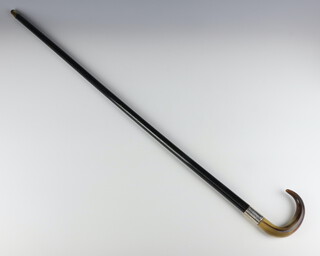 An ebony and horn walking cane with Sterling silver collar 