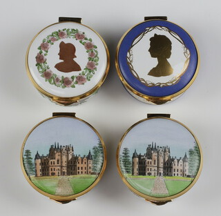 Four Staffordshire limited edition enamelled pill boxes - Her Majesty Queen Elizabeth The Mother 159/250, ditto 57/250, Sixtieth Birthday of Her Majesty Queen Elizabeth II 223/250 and Her Majesty Queen Elizabeth The Queen Mother 220/250, all boxed  